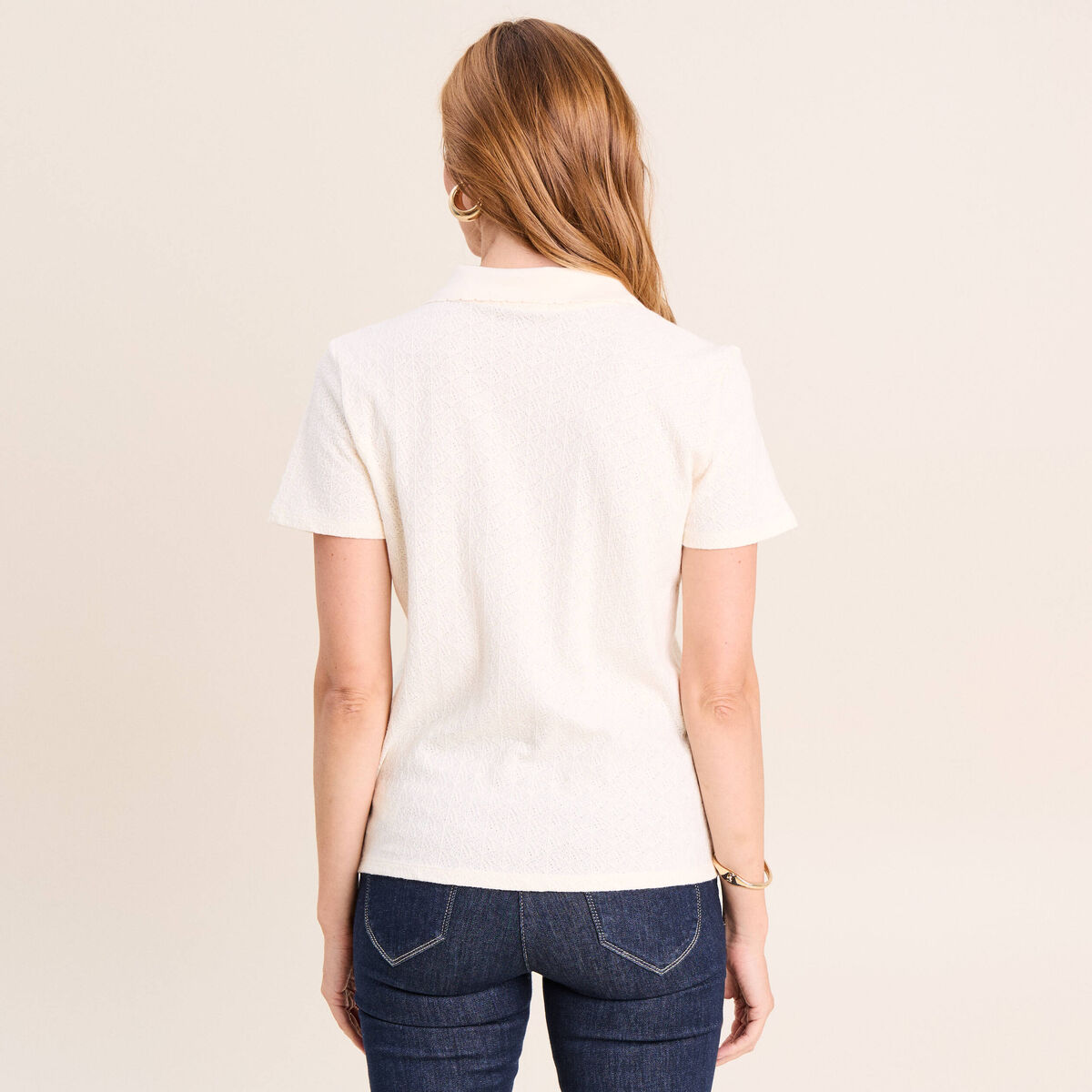Polo jacquard manches courtes ecru femme