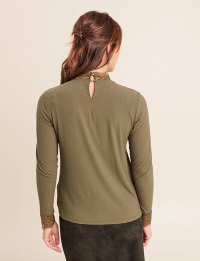 T-shirt cintr&eacute; col montant dentelle vert kaki femme