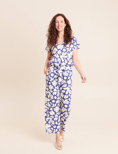 Pantalon coupe large 7/8&egrave;me taille haute bleu femme
