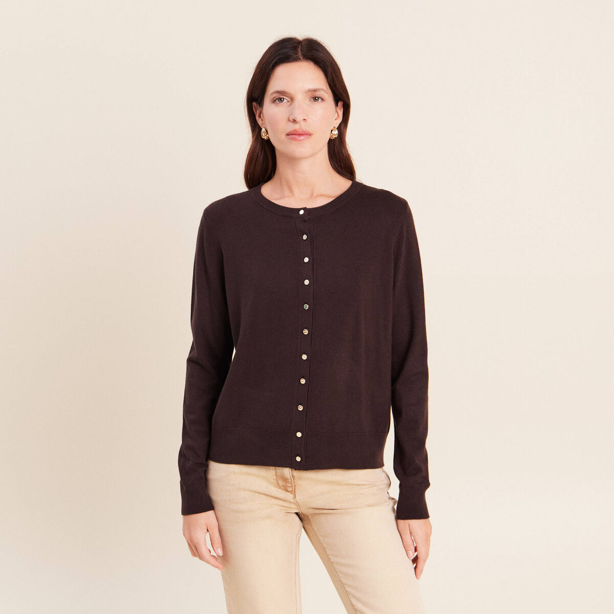 Gilet manches longues col rond marron fonc&eacute; femme
