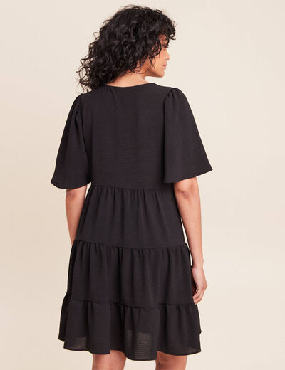 Robe courte &eacute;vas&eacute;e col v manches courtes noir femme