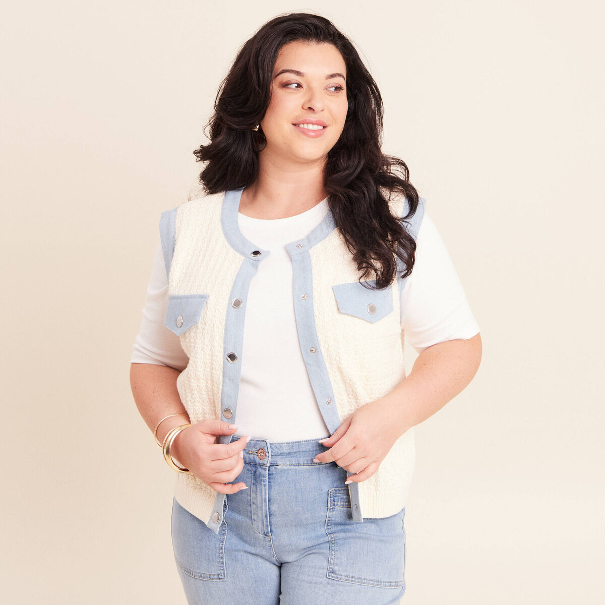 Gilet sans manches col rond ecru femme