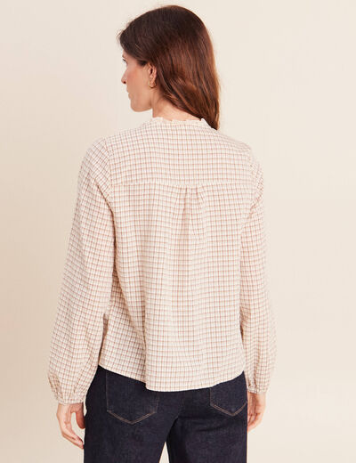 Chemise vichy manches longues col rond marron femme