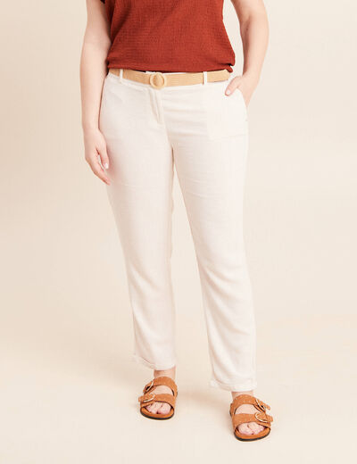 Pantalon large 7/8&egrave;me taille bascul&eacute;e beige femme