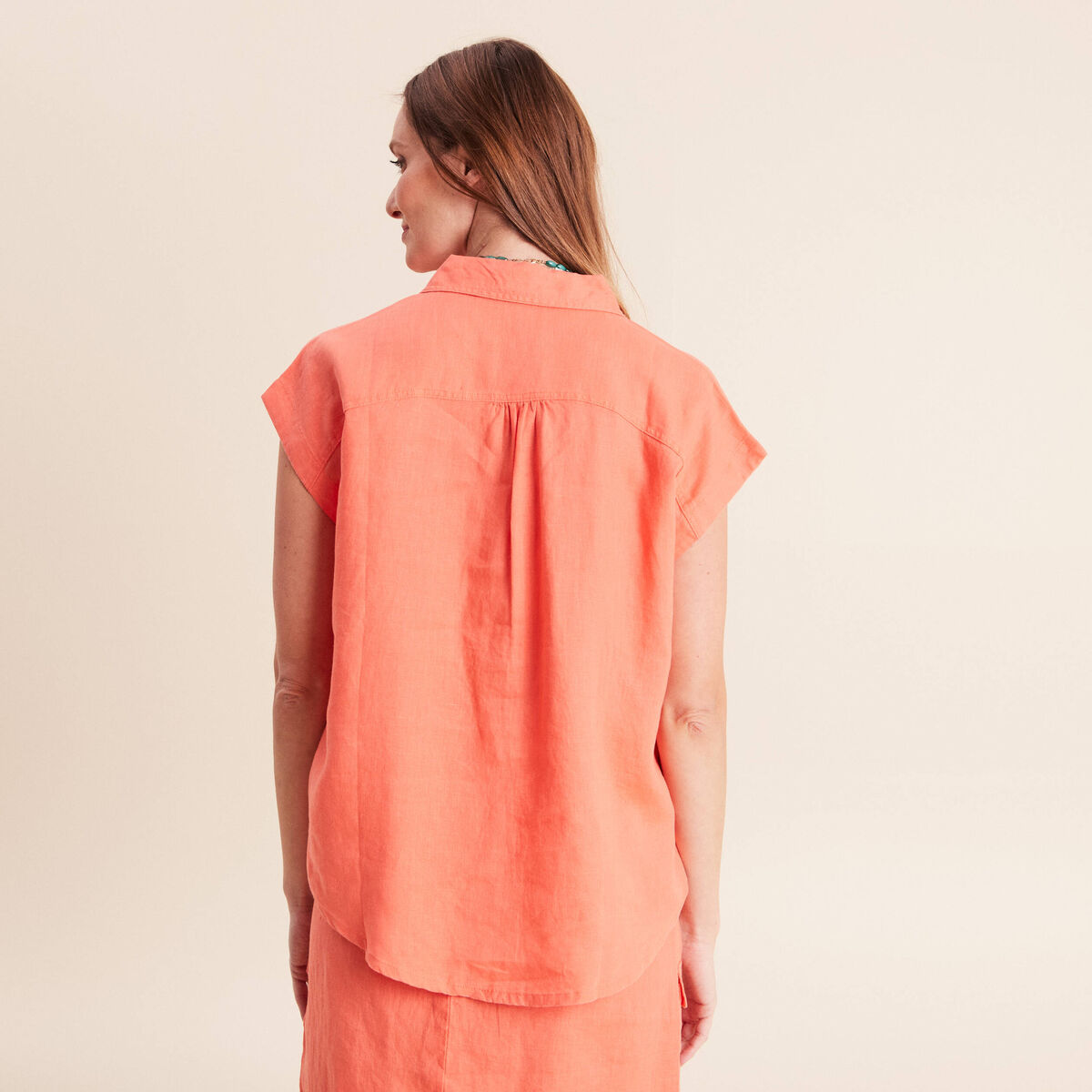 Chemise ample manches courtes aspect lin orange fluo femme