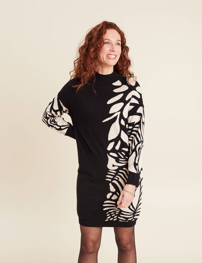 Robe tricot droite col montant noir femme