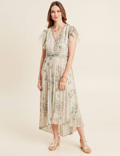 Robe longue évasée plissée vert clair femme