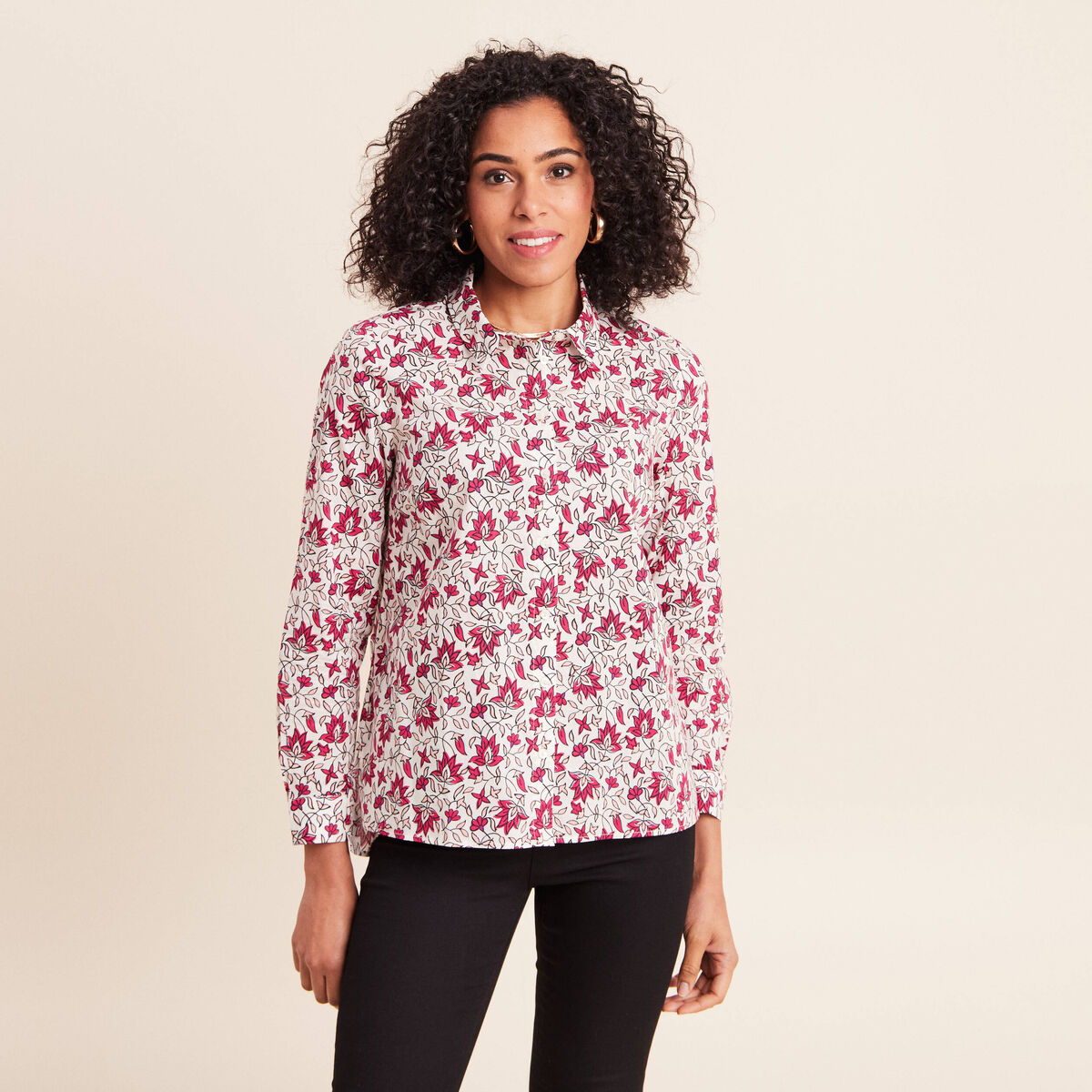 Chemise droite manches longues fluide rose femme