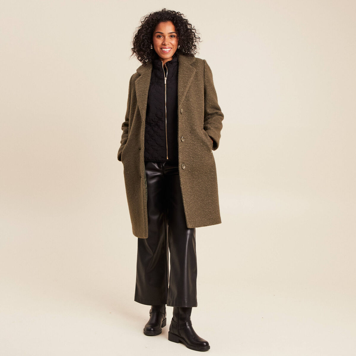 Manteau 3 en 1 col montant doubl&eacute; vert kaki femme