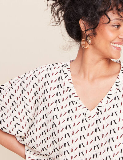 T-shirt effet boule col v manches coudes blanc femme