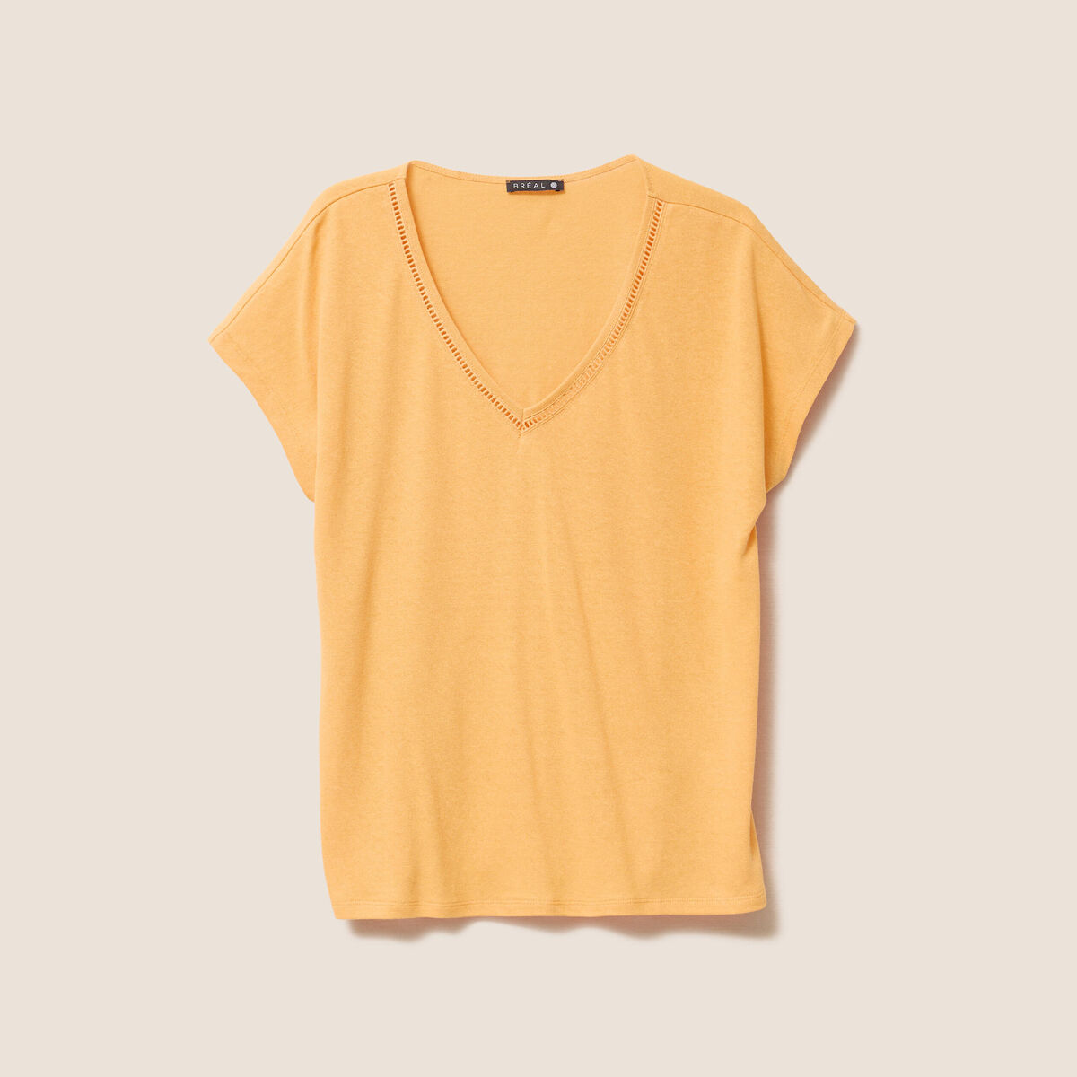 T-shirt col v manches courtes aspect lin orange clair femme