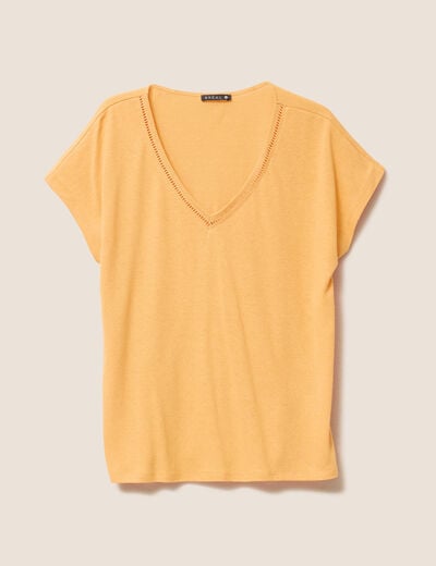 T-shirt col v manches courtes aspect lin orange clair femme