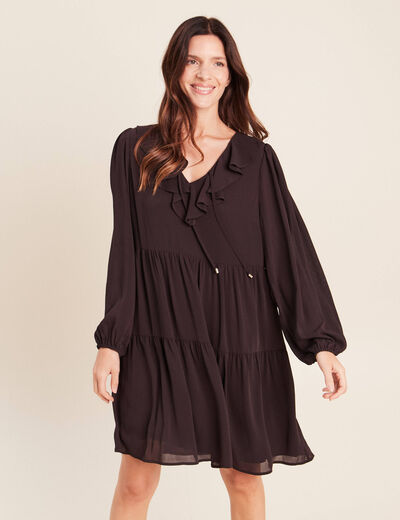 Robe courte &eacute;vas&eacute;e col v manches longues marron fonc&eacute; femme