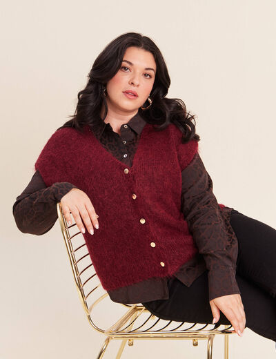 Gilet droit mi-long col v bordeaux femme