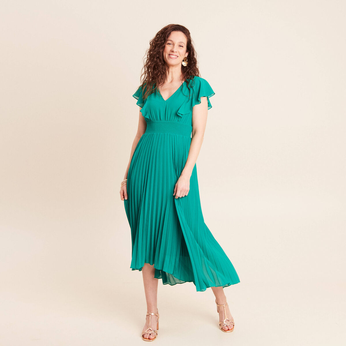 Robe longue &eacute;vas&eacute;e &agrave; volants vert menthe femme