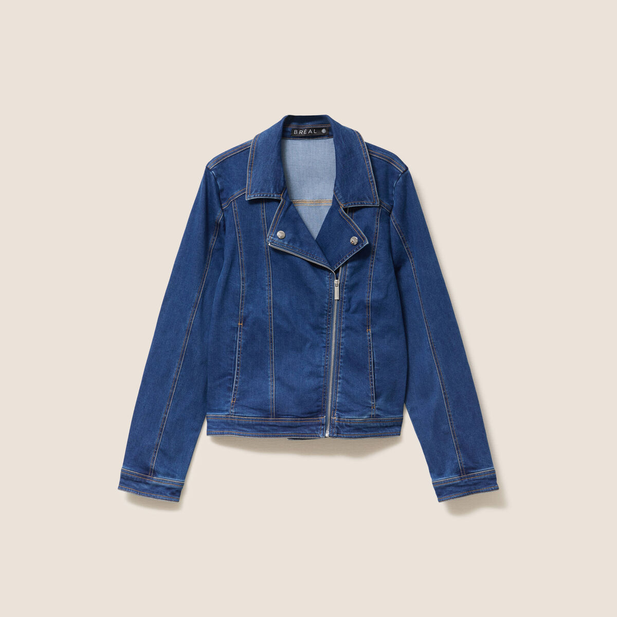 Veste ajust&eacute;e en jean col biker denim stone femme