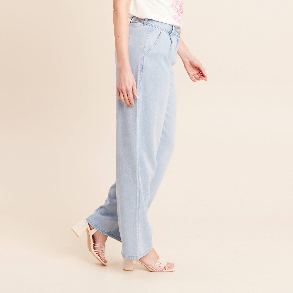 Pantalon large doubl&eacute; fluide denim bleach femme