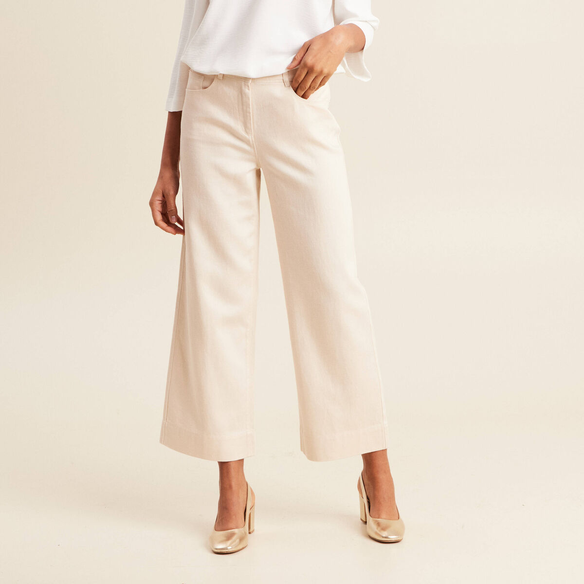 Pantalon large 7/8&egrave;me ivoire femme
