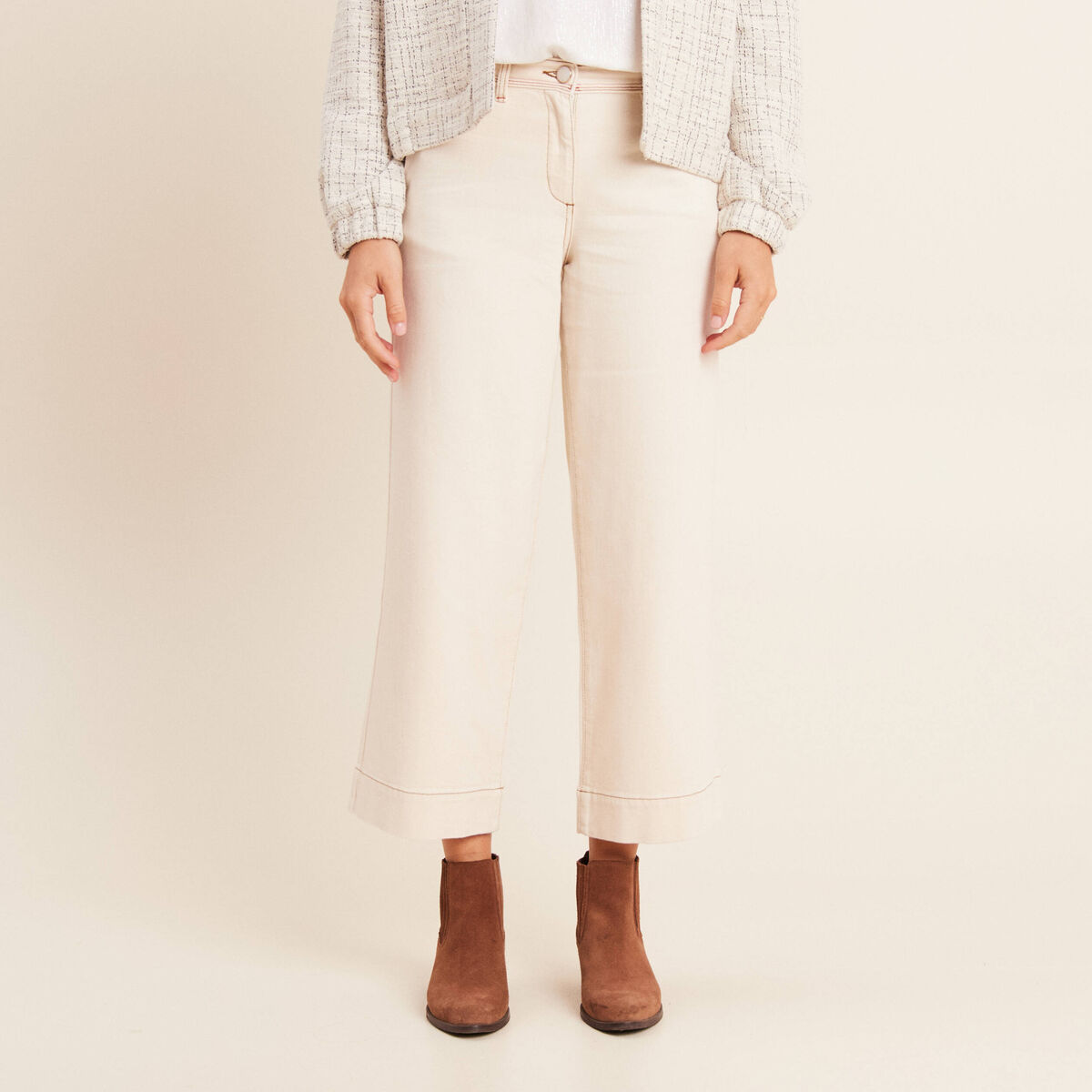 Jean large taille haute 7/8&egrave;me ivoire femme