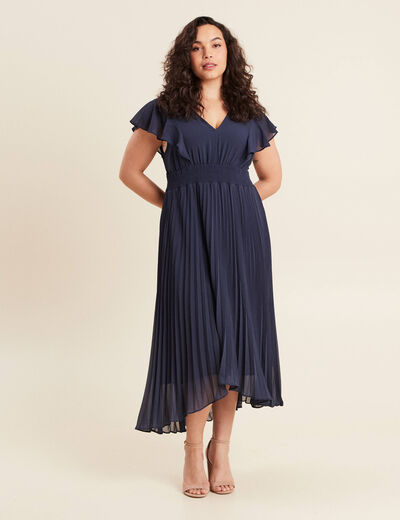 Robe longue évasée à volants bleu marine femme