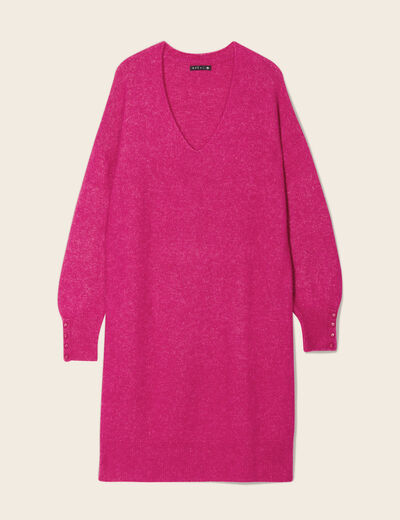 Robe pull droite col en V rose fushia femme