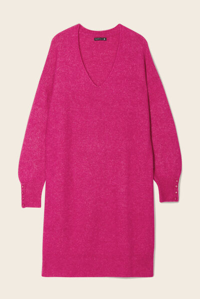 Robe pull droite col en V rose fushia femme