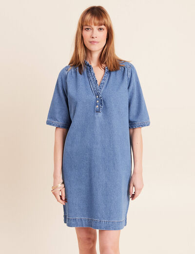 Robe courte &eacute;vas&eacute;e jean col montant denim double stone femme
