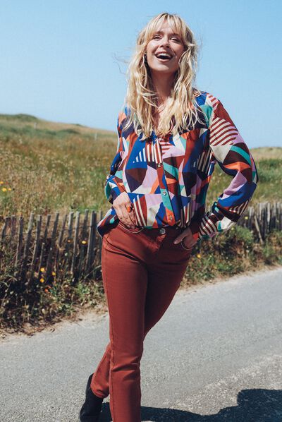 Pantalon ajusté taille haute marron cognac femme