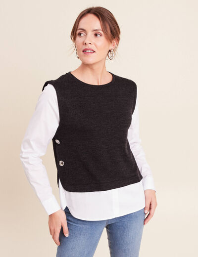 T-shirt 2 en 1 col rond manches longues noir femme