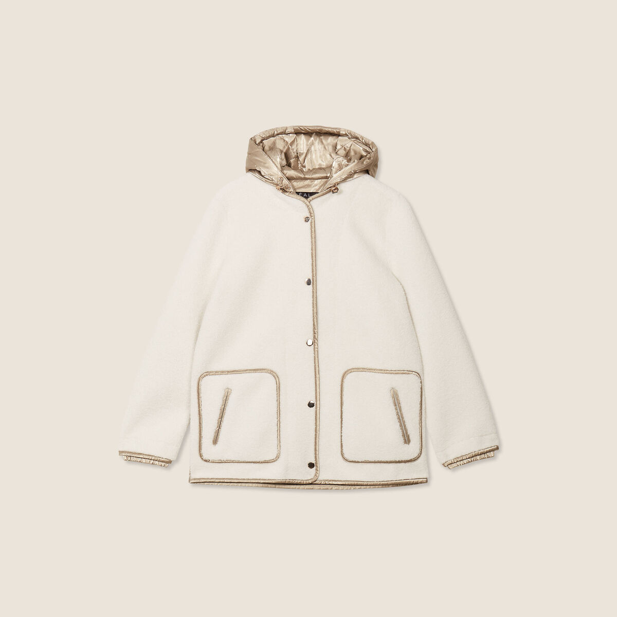 Manteau effet laine mouton &agrave; capuche ecru femme