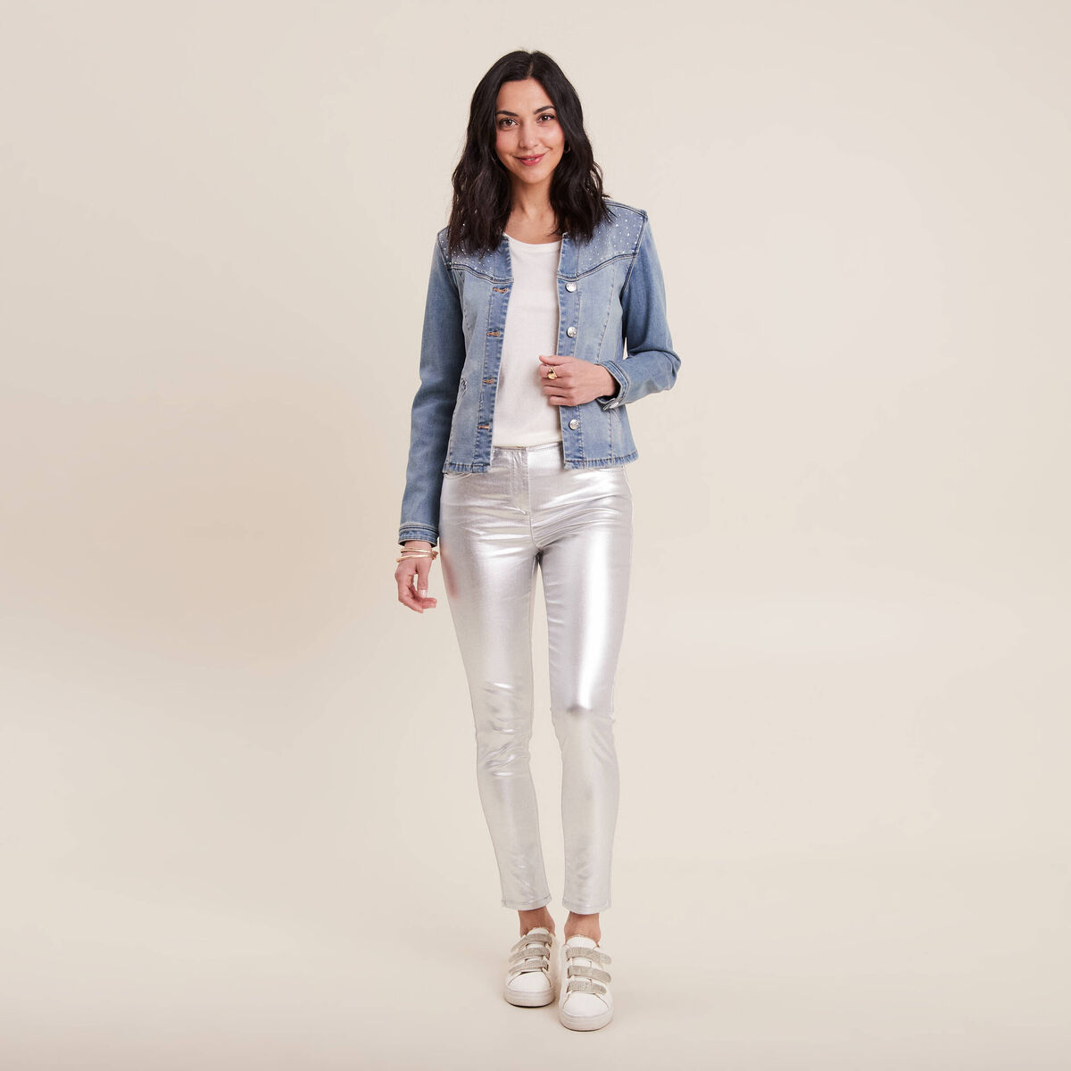 Veste boutonnée denim double stone femme