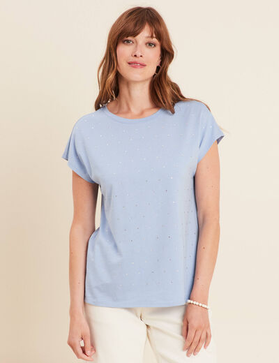 T-shirt manches courtes strass bleu ciel femme