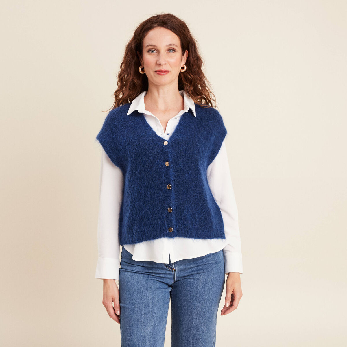 Gilet droit mi-long col v bleu marine femme