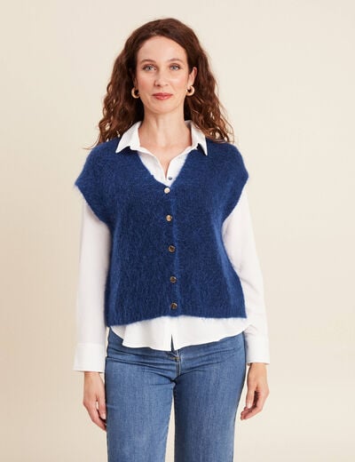 Gilet droit mi-long col v bleu marine femme