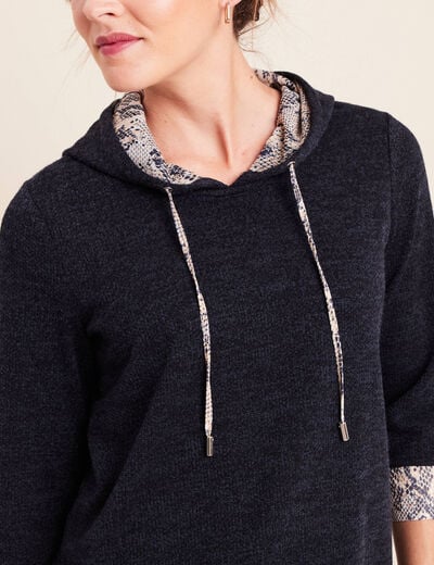Sweat &agrave; capuche manches 3/4 bleu marine femme