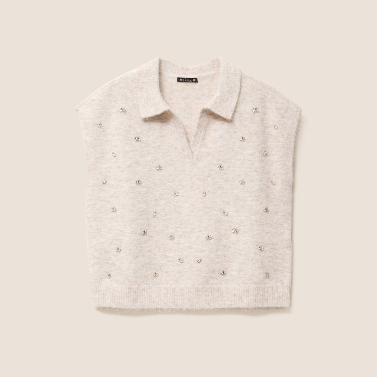 Pull sans manches col chemise beige femme