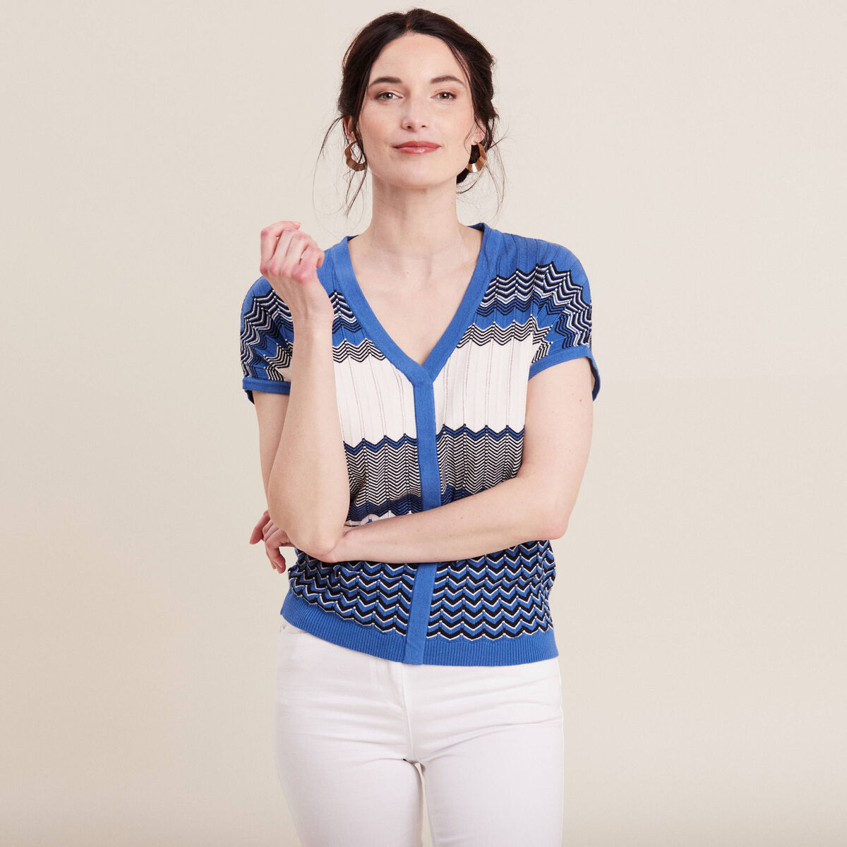 Pull &agrave; manches courtes bleu femme