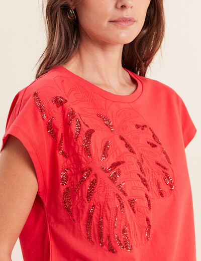 T-shirt &agrave; sequins manches courtes rouge femme