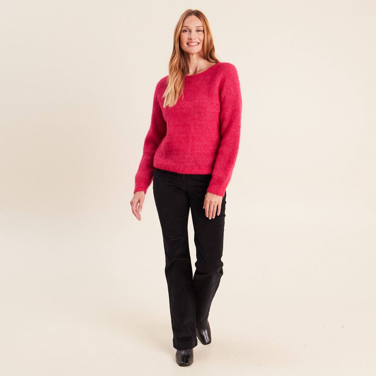 Pull droit col rond manches longues rose femme