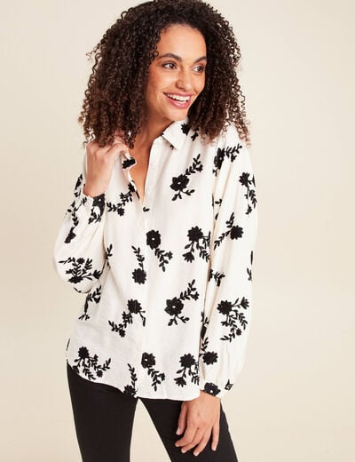 Chemise fluide brod&eacute;e manches longues blanc femme