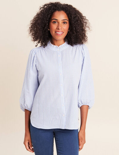Chemise col montant manches 3/4 bleu femme