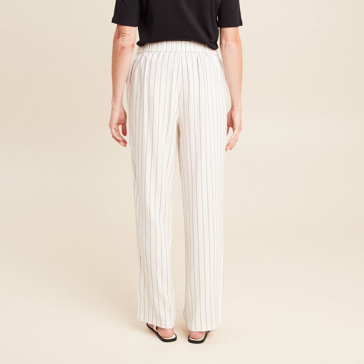 Pantalon taille haute aspect lin blanc femme