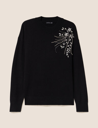 Pull col montant manches longues strass noir femme