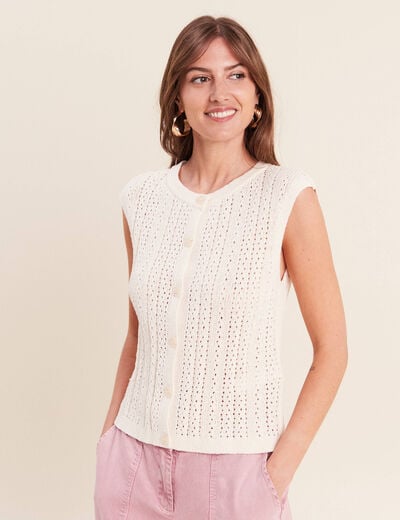 Gilet ajour&eacute; droit court col rond ecru femme
