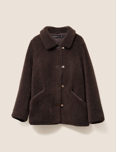 Manteau droit effet mouton marron fonc&eacute; femme