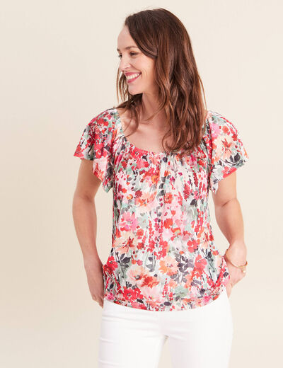 Blouse droite col rond manches courtes multicolore femme