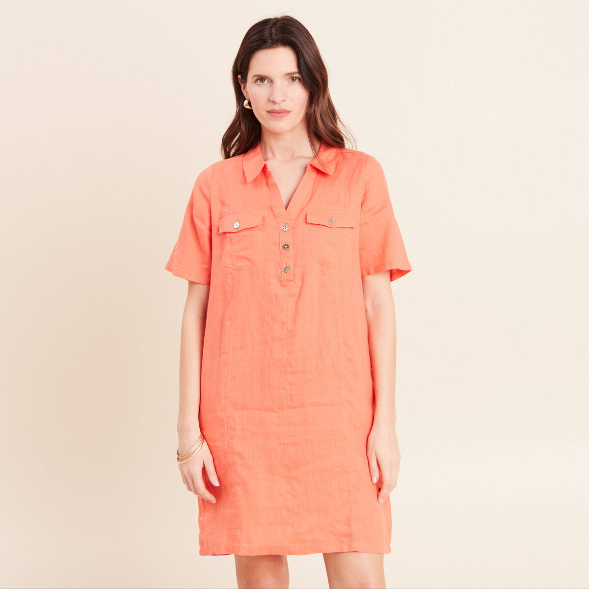 Robe droite courte col chemise orange fluo femme