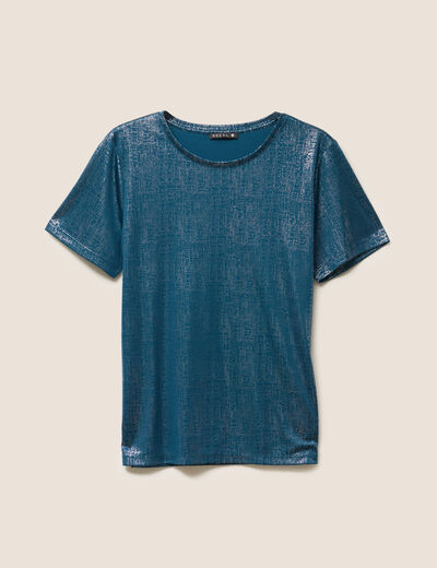 t-shirt droit court satiné col rond bleu canard femme