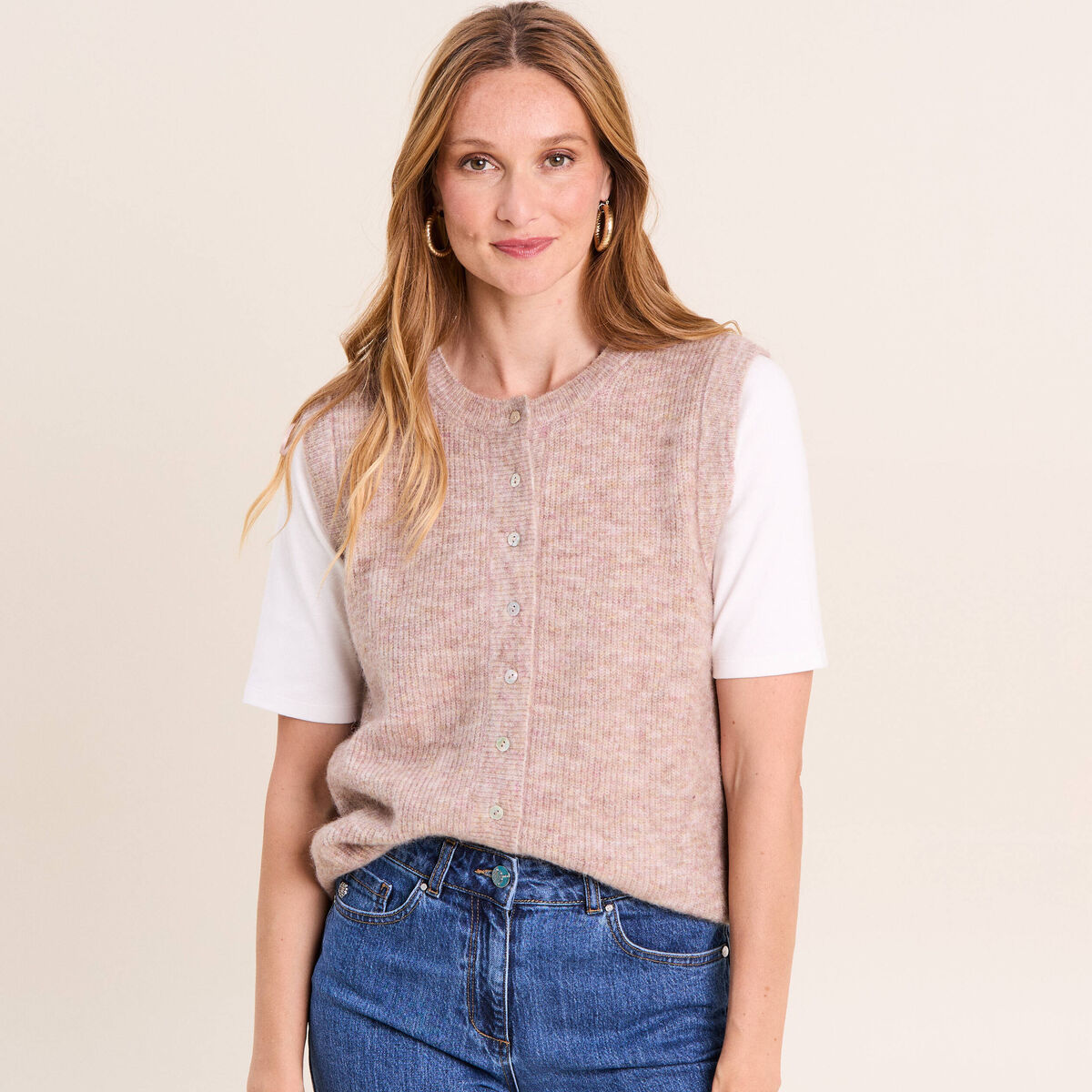 Gilet droit mi-long sans manches creme femme