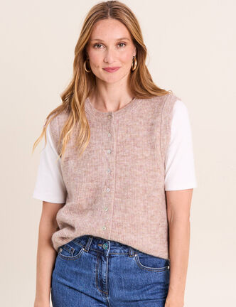 Gilet droit mi-long sans manches creme femme